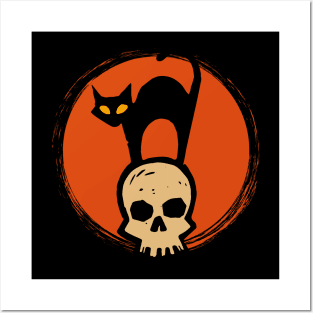 Halloween Cat on Skull Posters and Art